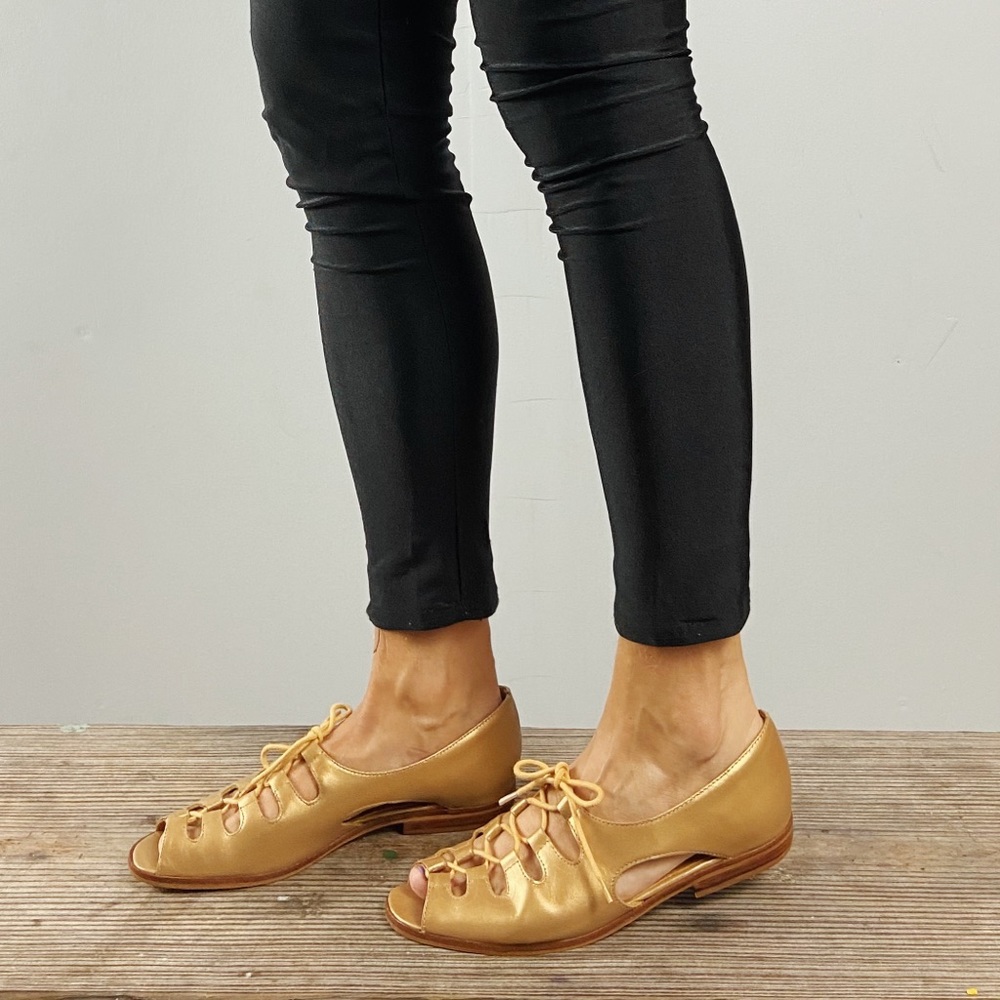 SOLD—Vintage gold leather lace-up sandals